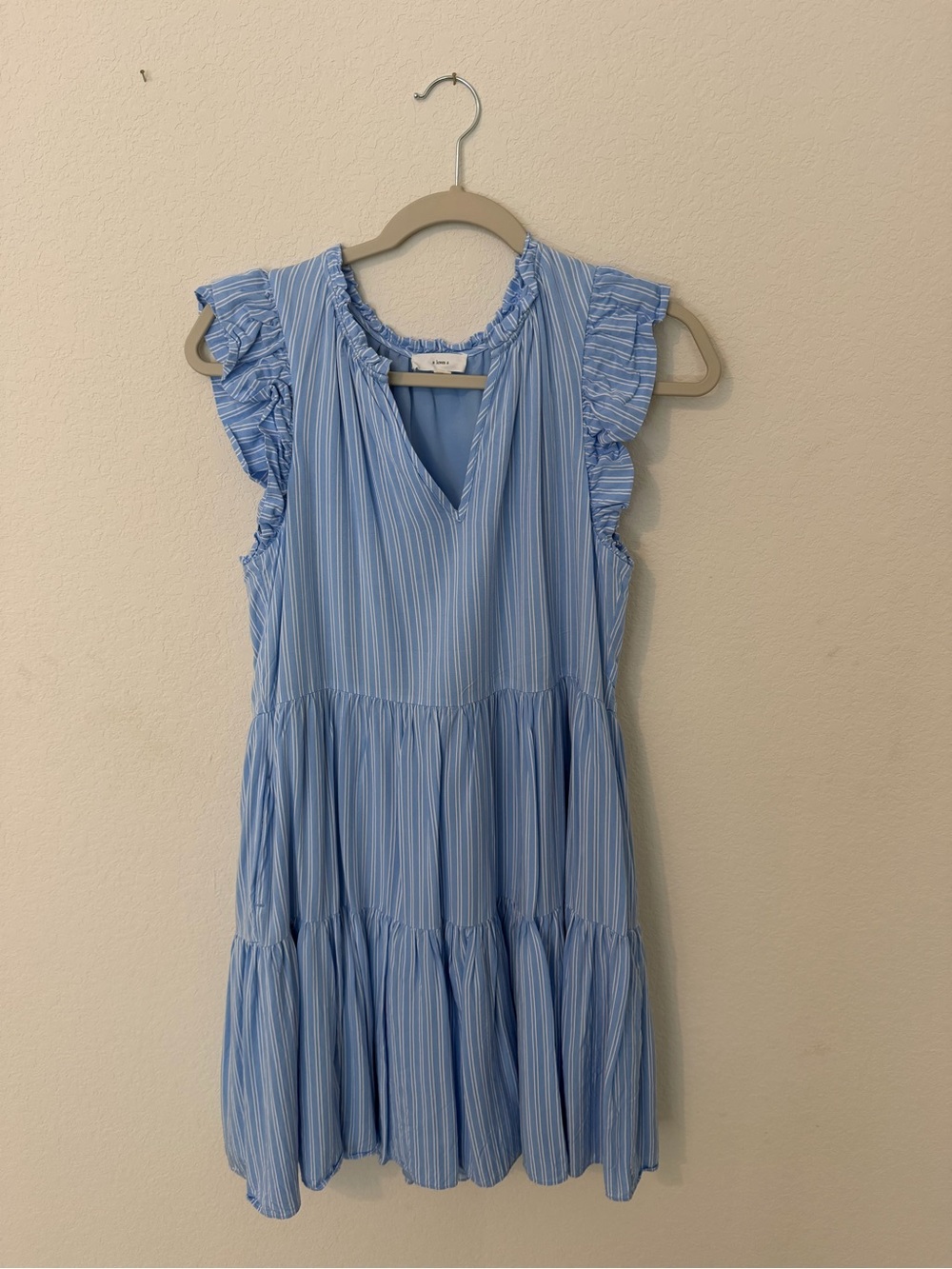 Light Blue Striped Ruffle Sleeve Tiered Dress